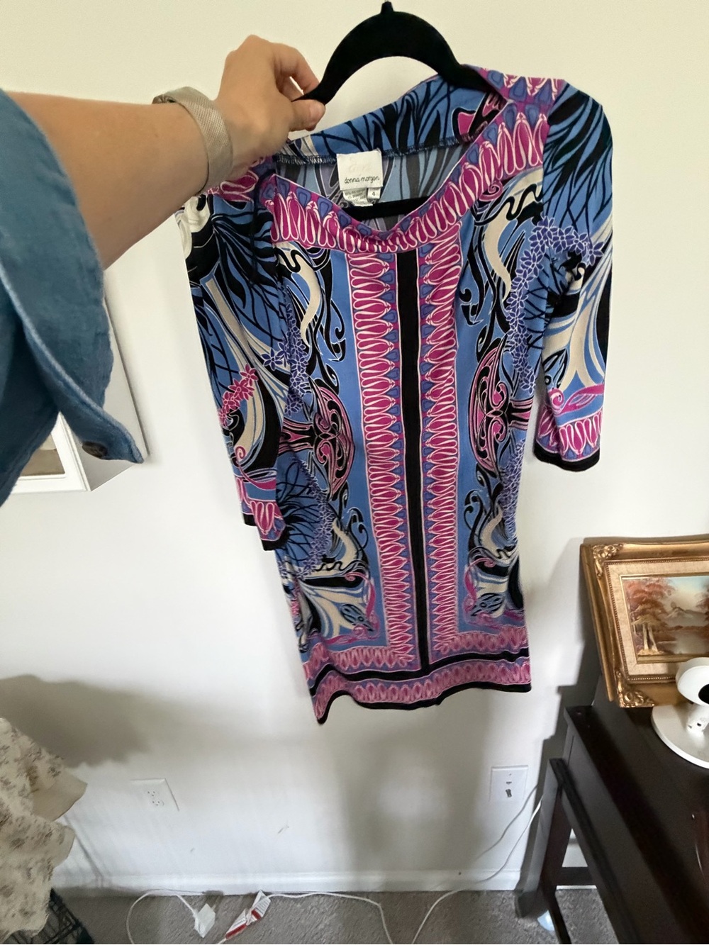 Donna Morgan Blue and Pink Printed Midi Shift Dress